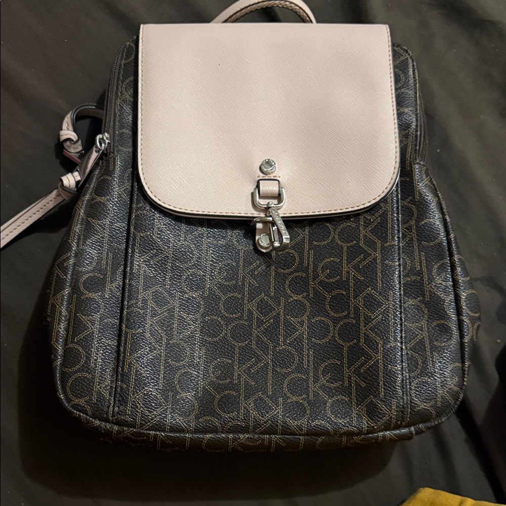 Calvin Klein Pale Pink Flap Brown Monogram Backpack